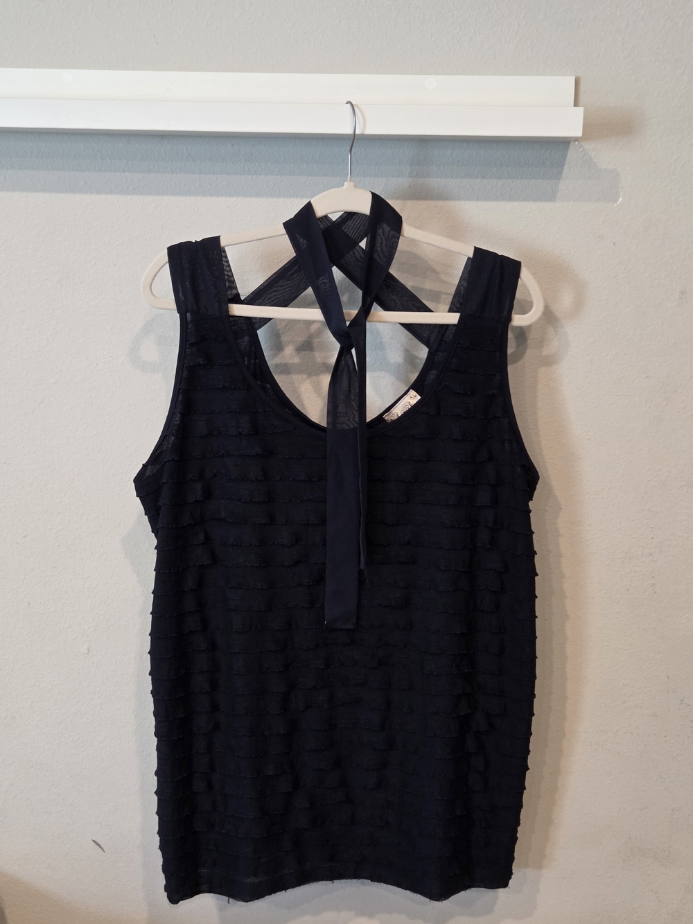 Lavish Black Ruffled Tank with Tie Neck